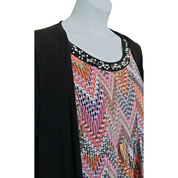 Notations 2X Dress Black Layered Look Jacket Chevron Print Embellished Neckline - Picture 5 of 11